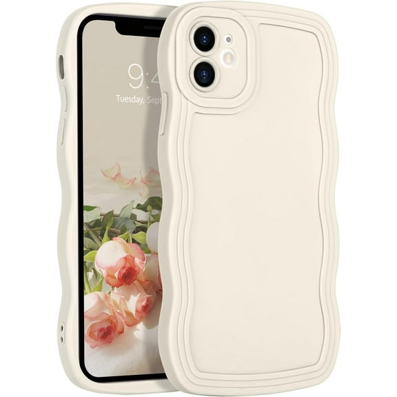 Designed for iPhone 12 Case Phone Cover 6.1-Inch, Stone Cute Curly Wave Frame Shape Slim Soft TPU Gel Rubber Bumper Shockproof Protective Phone Cases, White