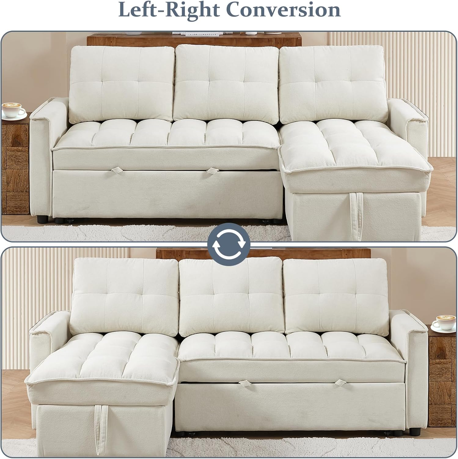 AENKYO 78.75" Reclining Sleeper Sofa with Pull-Out Bed and Built-in Charging Station, 3-Seat Sectional Couch with Cup Holders, Beige