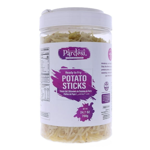 Pardesi Far Far/Fryums Potato Stick/Potato Sali, 24.07 OZ 700g Jar I Uncooked Chip Snack I Ready to Fry I Crunchy Snack I Perfect for Parties I Indian Snack I Vegan Friendly