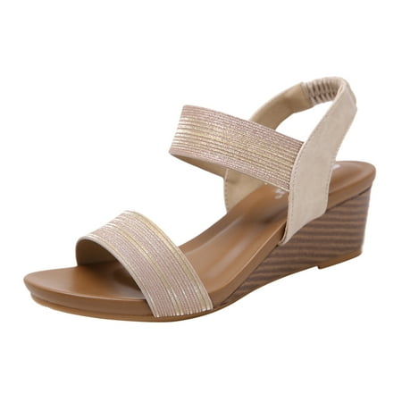 

TUOBARR Womens Wedge Sandals New Thick Sole Round Toe Slope Heel Sandals For Women s Middle Heel Embossed Casual Shoes Gold