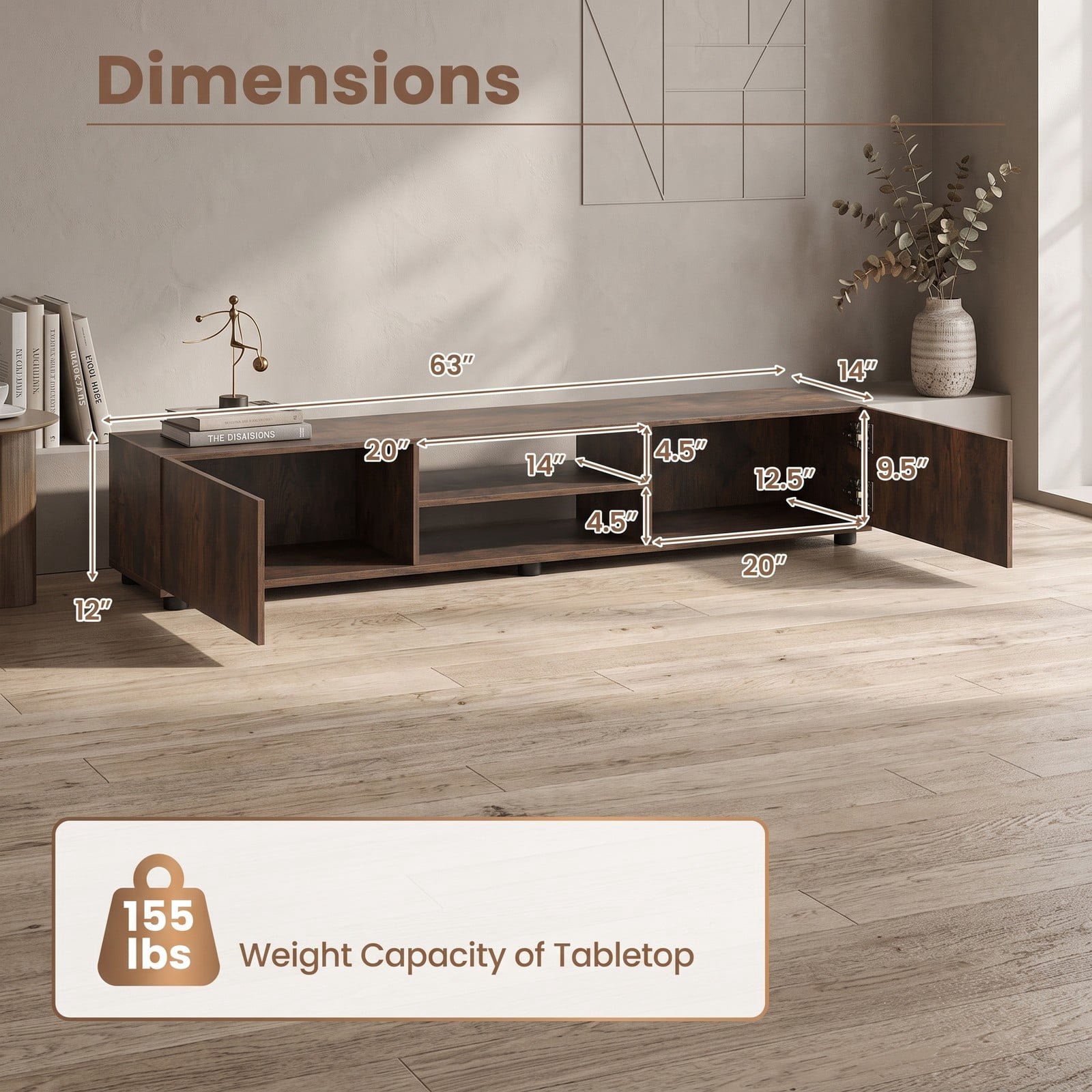 Furnibear Modern TV Stand for TVs up to 70 Inch, Minimalist Entertainment Center with 2 Doors and Open Shelves, Wood Media Console for Living Room, Rustic Brown