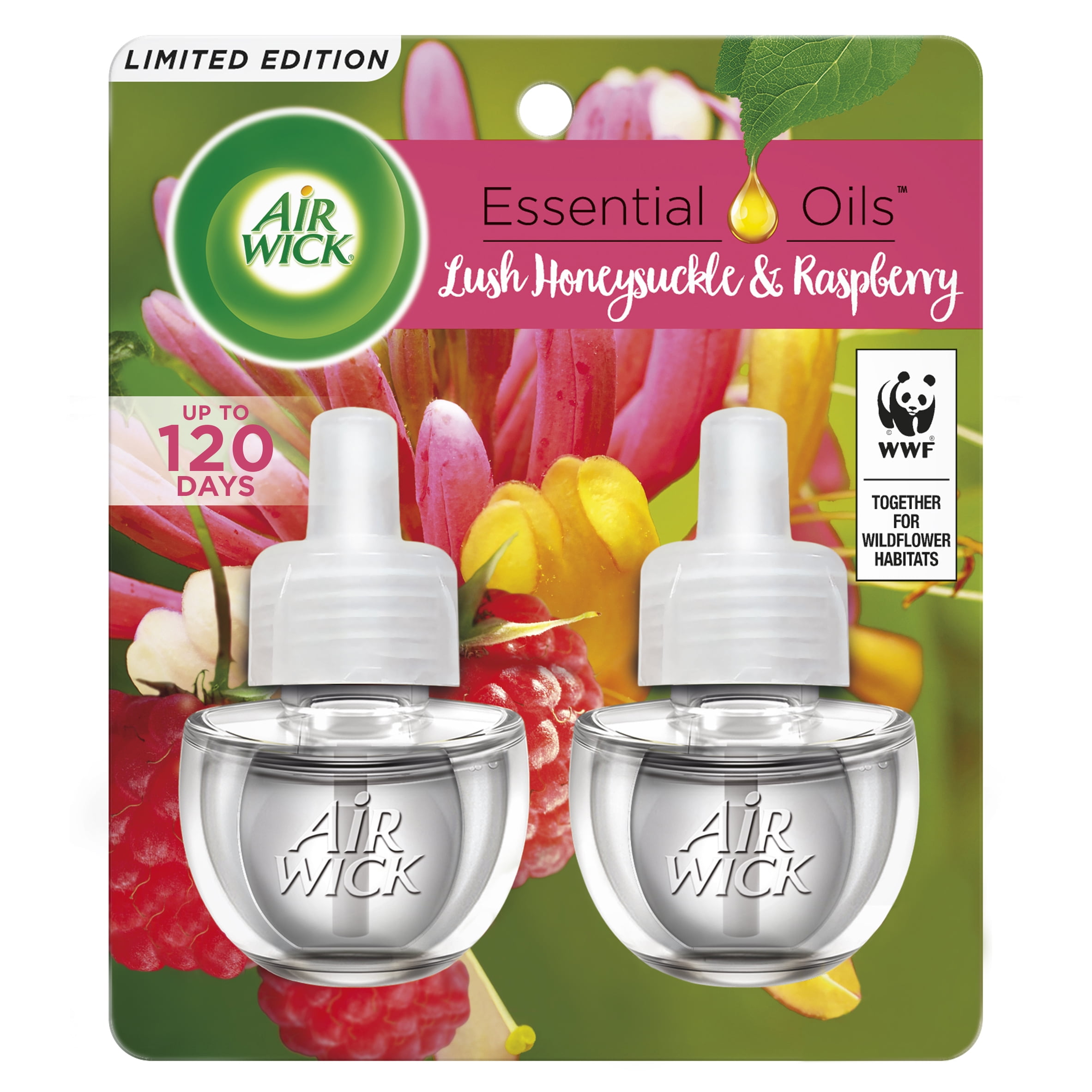 Air Wick Plug in Scented Oil Refill, 2 ct, Lush Honeysuckle and Raspberry, Air Freshener, Essential Oils, Spring Collection