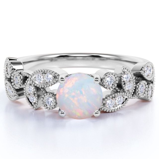 JeenMata Anillo de Bodas Vintage de 1 Uds con Piedra Natal de Octubre, Ópalo Welo Redondo y Moissanita en Oro Blanco de 18 K sobre Plata