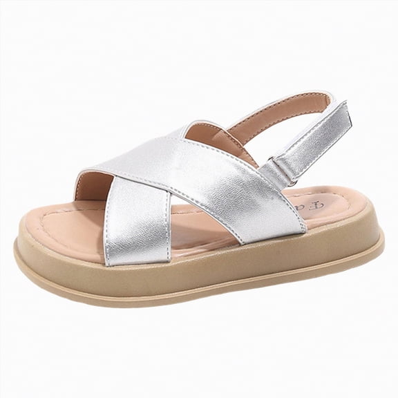 TOWED22 Girl's Cross Strappy Dress Sandals Open Toe Ankle Strap Cute Summer Flat Sandals Silver,11