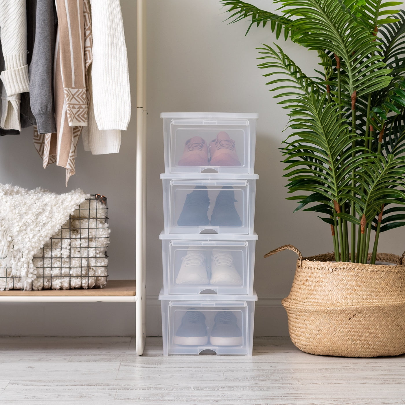 IRIS Stackable Wide Shoe Storage Box with Flip Up Door, Clear, 4Pk