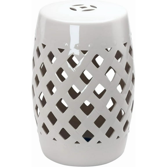 QISHENSHUI 13" x 18" Ceramic Garden Stool with Woven Lattice Design & Glazed Strong Materials Decorative Outdoor Stool, White