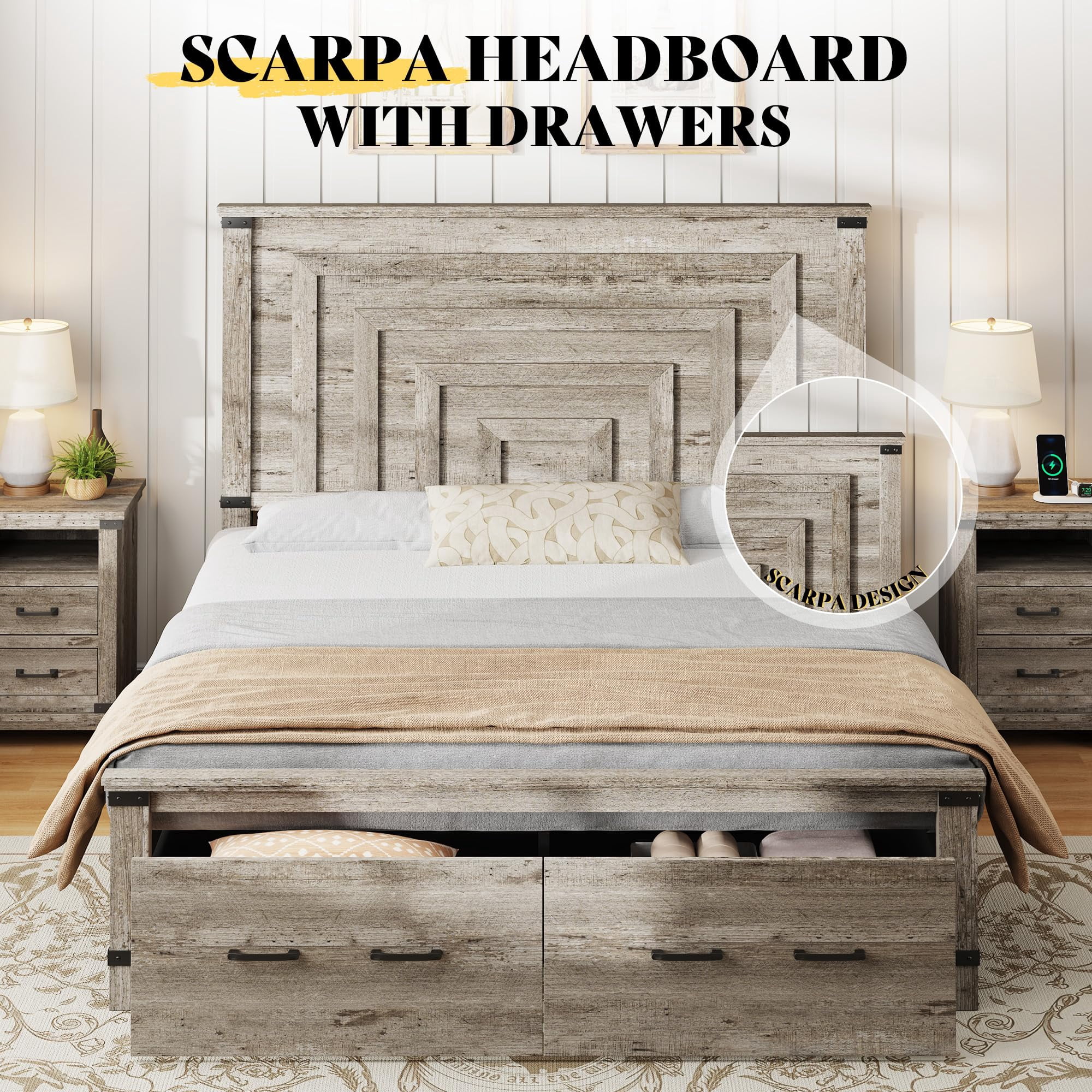 PLAUIN Farmhouse Queen Size Bed Frame, Rustic Wood Platform with Footboard & Wood Slats, Grey