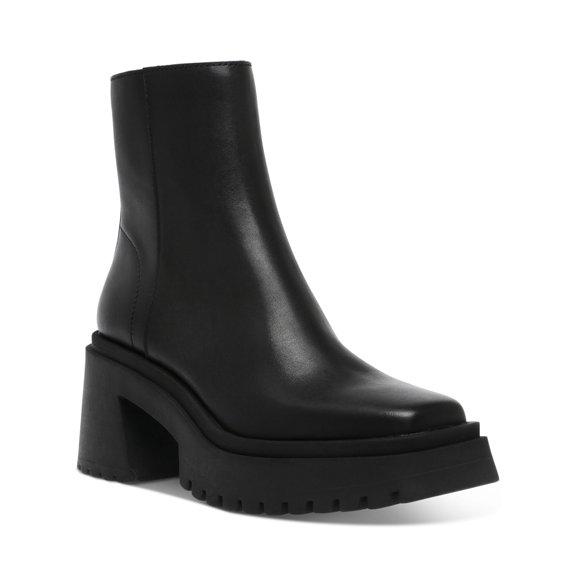 STEVE MADDEN Womens Black 1-1/2" Platform Comfort Cushioned Treaded Fella Square Toe Block Heel Zip-Up Leather Booties 9.5