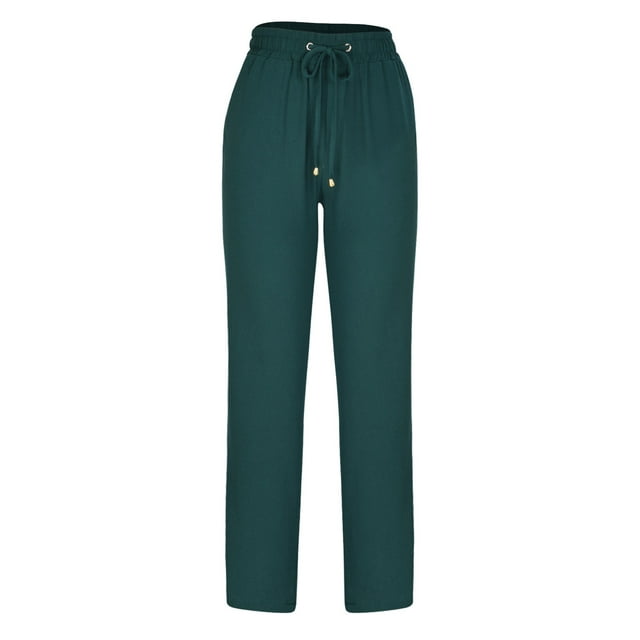 Summer Casual Cotton Linen Pants for Women Solid Color Drawstring Elastic High Waisted Comfy Loose Trousers with Pockets