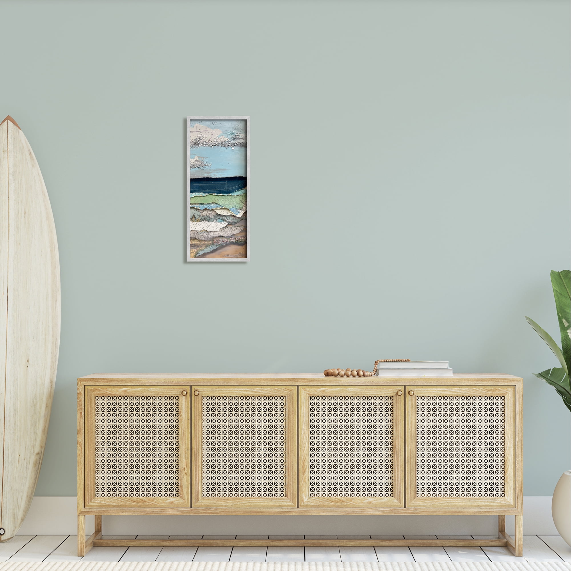 Stupell Industries Cloudy Beach Shore Landscape Layered Ephemera Collage Painting Gray Framed Art Print Wall Art, Design by Stacy Gresell
