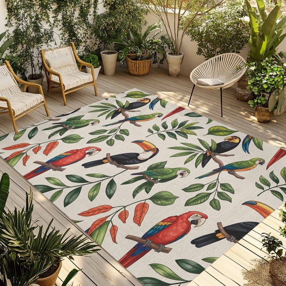 Farmhouse Parrots Outdoor Rug for Patio/Deck/Porch, Non-Slip Large Area Rug 4 x 6 Ft, Spring Summer Botanical Leaves Burlap Indoor Outdoor Rugs Washable Area Rugs, Camping Rug Carpet Runner