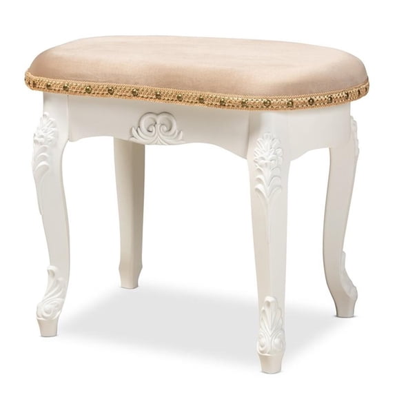 Bowery Hill Sand Velvet Upholstered White Wood Vanity Ottoman