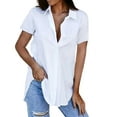thumbnail image 4 of Guiexla Women Summer Shirt Lapel V-neck Short Sleeve Loose Fit Pullover Tops Solid Color Mid-length Office Lady Shirt, 4 of 7