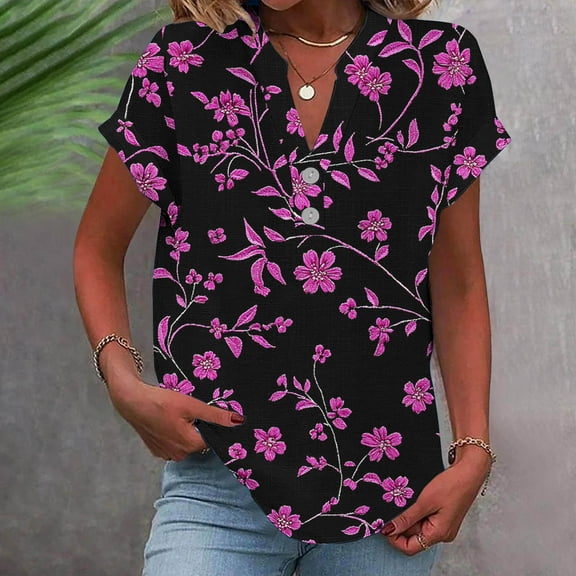 Yxbdin Short Sleeve Linen Shirts for Women V Neck Flower Printed Shirt Vintage Summer Blouses Casual Loose Fit Tops Blue*B XXXXXL