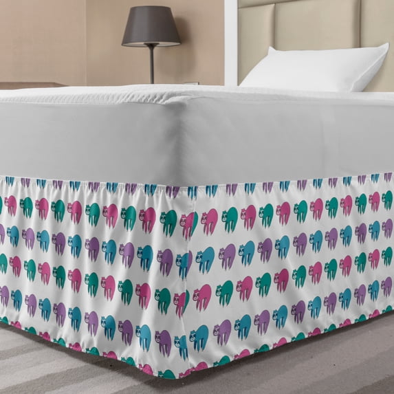 Funny Sloth Bed Skirt, Colorful Art Repeating Lazy Animal on Plain Backdrop, Elastic Bedskirt Dust Ruffle Wrap Around for Bedding Decor, 4 Sizes, Dark Seafoam Pink, by Ambesonne
