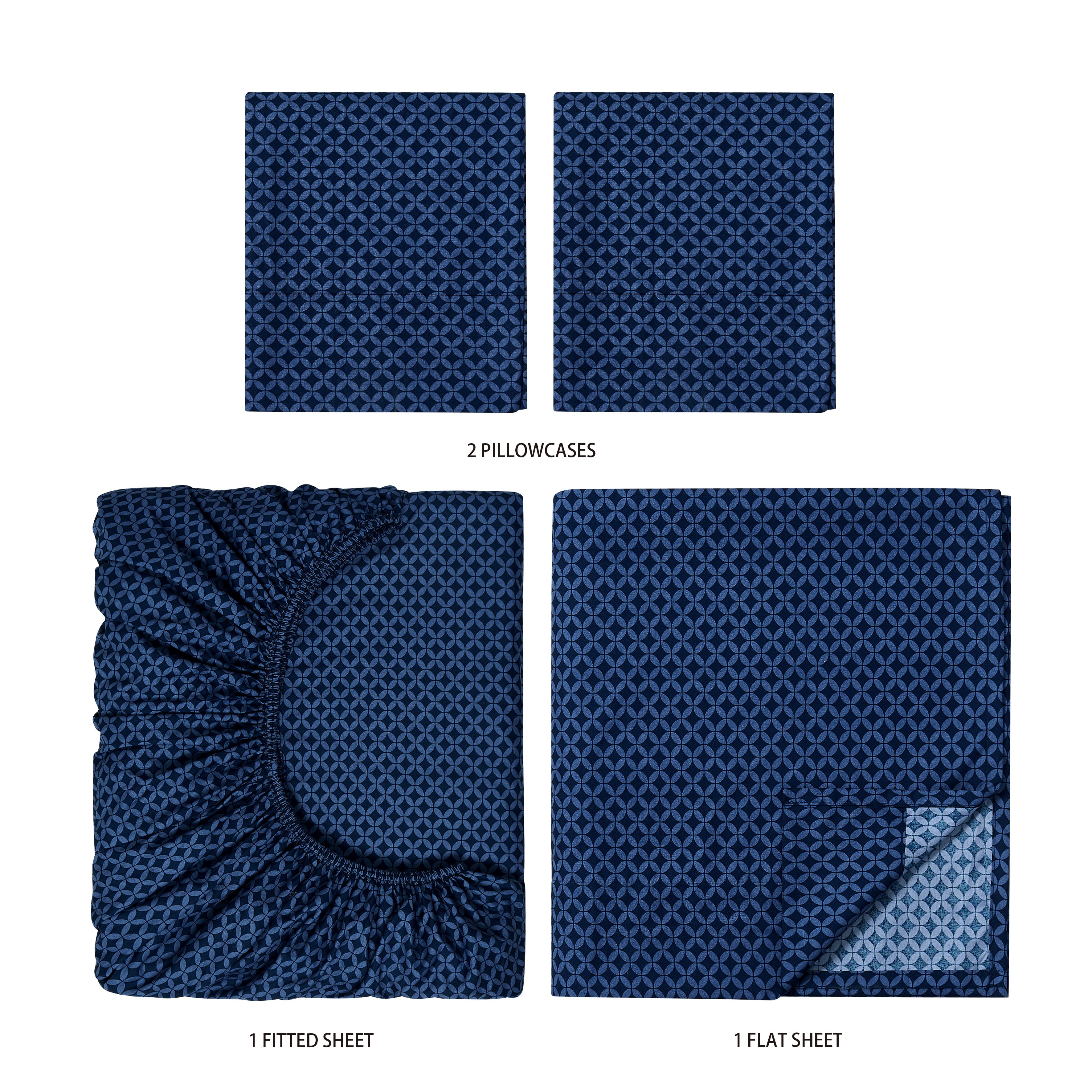 Mainstays Super Soft Brushed Microfiber Bed Sheet Set, Full, Navy Geo, 4 Piece