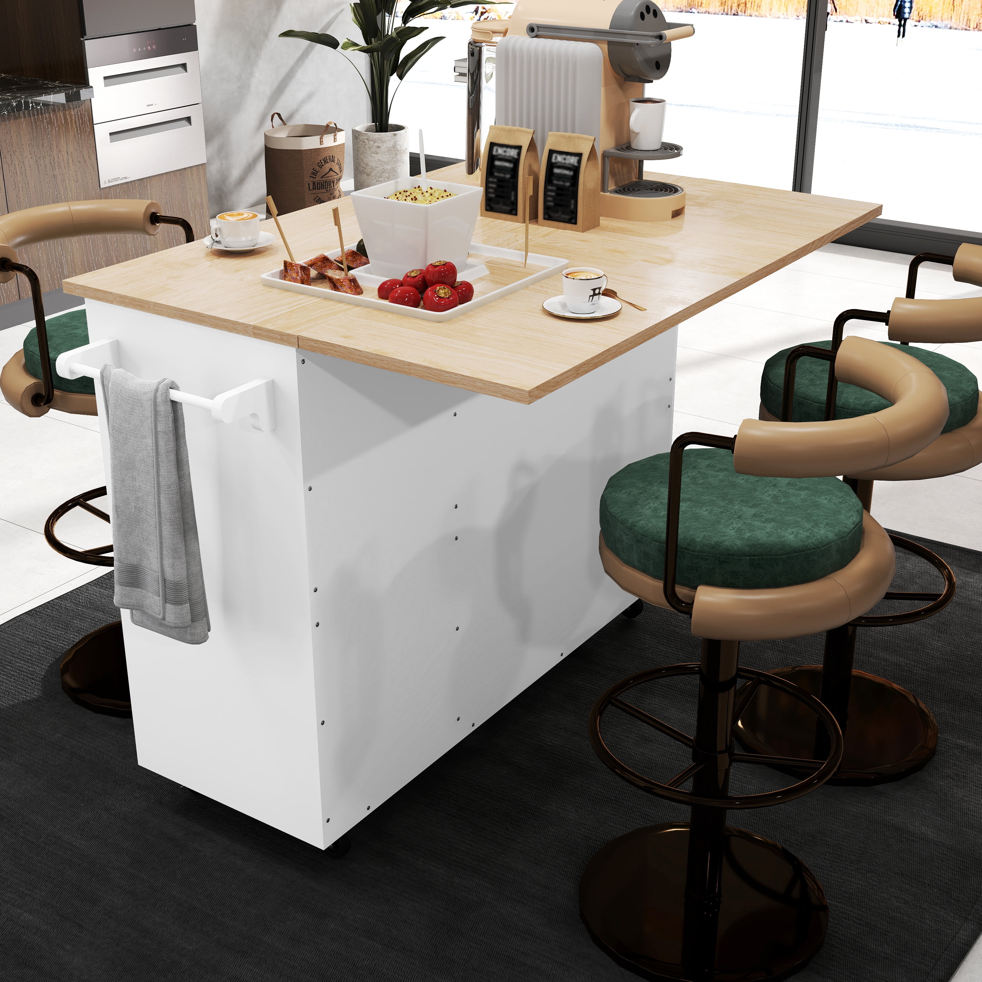 50.4" Kitchen Island with Storage,  Expandable Solid Wood Top Cart with Drop Leaf and Wheels, White