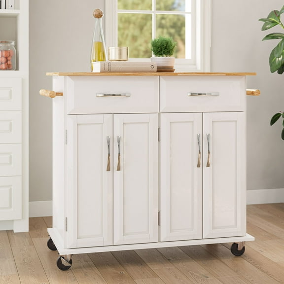 36-Inch Rubberwood Top Deluxe Rolling Kitchen Island Cart with Storage, White
