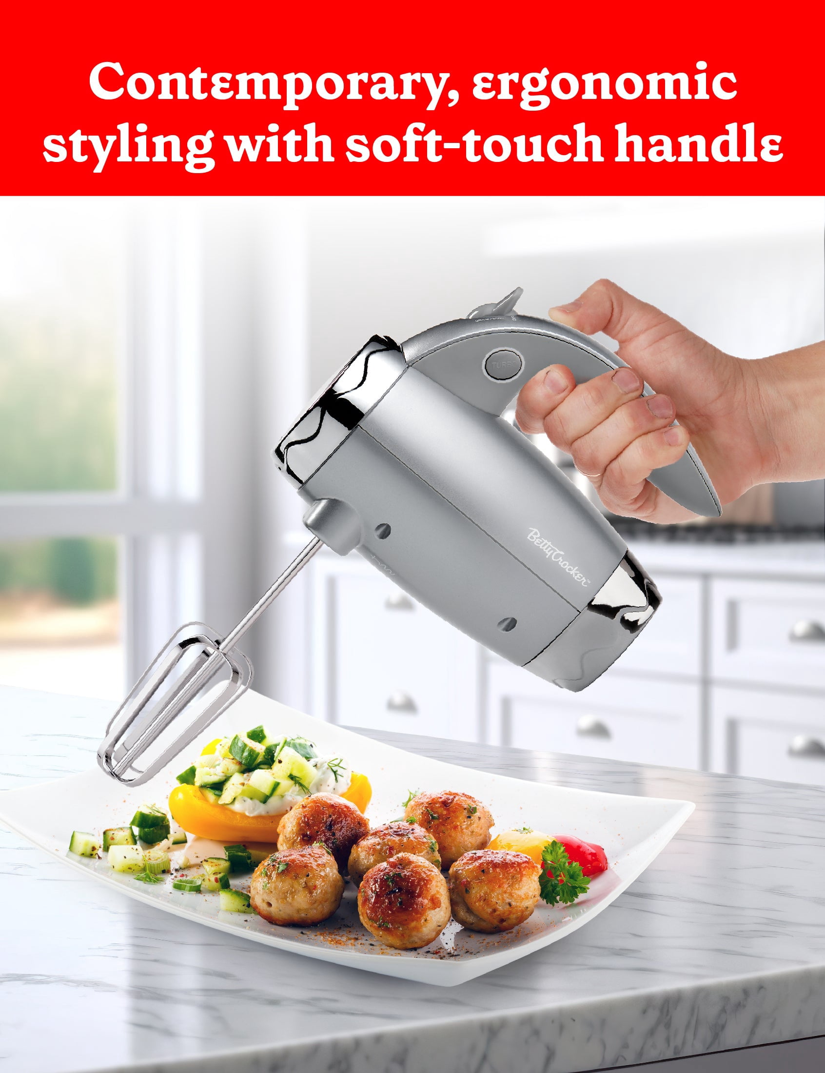 Betty Crocker 7-Speed Corded Electric Power Up Hand Mixer with Stand (Silver), BC-4208S