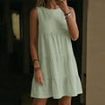 thumbnail image 3 of aohooy Linen Mini Dress for Women Casual Crew Neck Sleeveless Mini Dresses Loose Summer Cotton Flowy Pleated Tiered Beach Sundress Green,S, 3 of 8