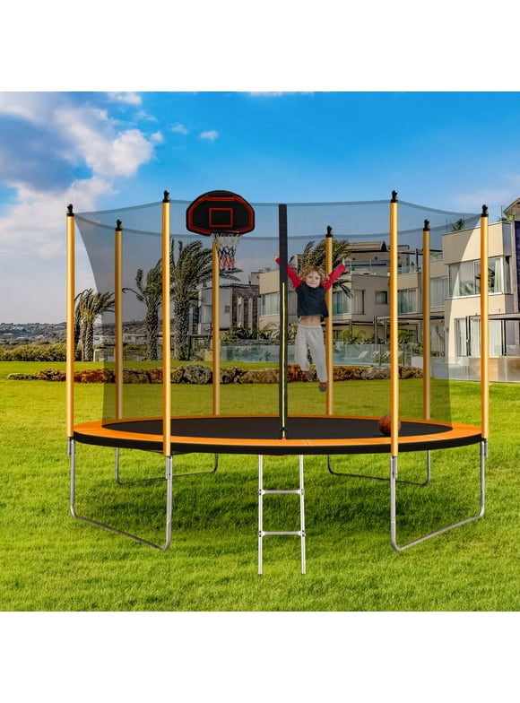 15FT Outdoor Trampolines with Enclosure Net & Ladder,Heavy Duty Jumping Mat and Spring Cover Padding,Recreational Trampoline for Kids and Adults, Heavy Duty Trampoline for Backyard,Orange