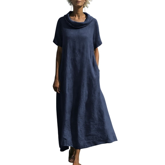 aohooy Cowl Neck Maxi Dress for Women Summer Casual Short Sleeve Cotton Long Length Dresses with Pockets Flowy Beach Sundress Navy,XL