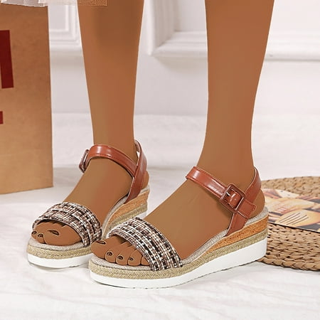 

XIAQUJ Ladies Fashion Summer Leather Open Toe Buckle Wedge Heel Thick Sole Roman Sandals Sandals for Women Brown 9(42)