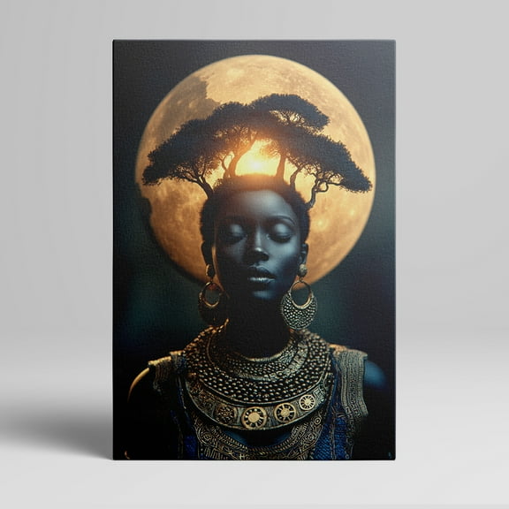 1pc African - inspired Canvas Wall Art with a Woman Adorned in Ornate Jewelry, a Tree - like Crown on Her Head Against a Full Moon Background, Framed Decor room hanging Wall Picture Decor for Home