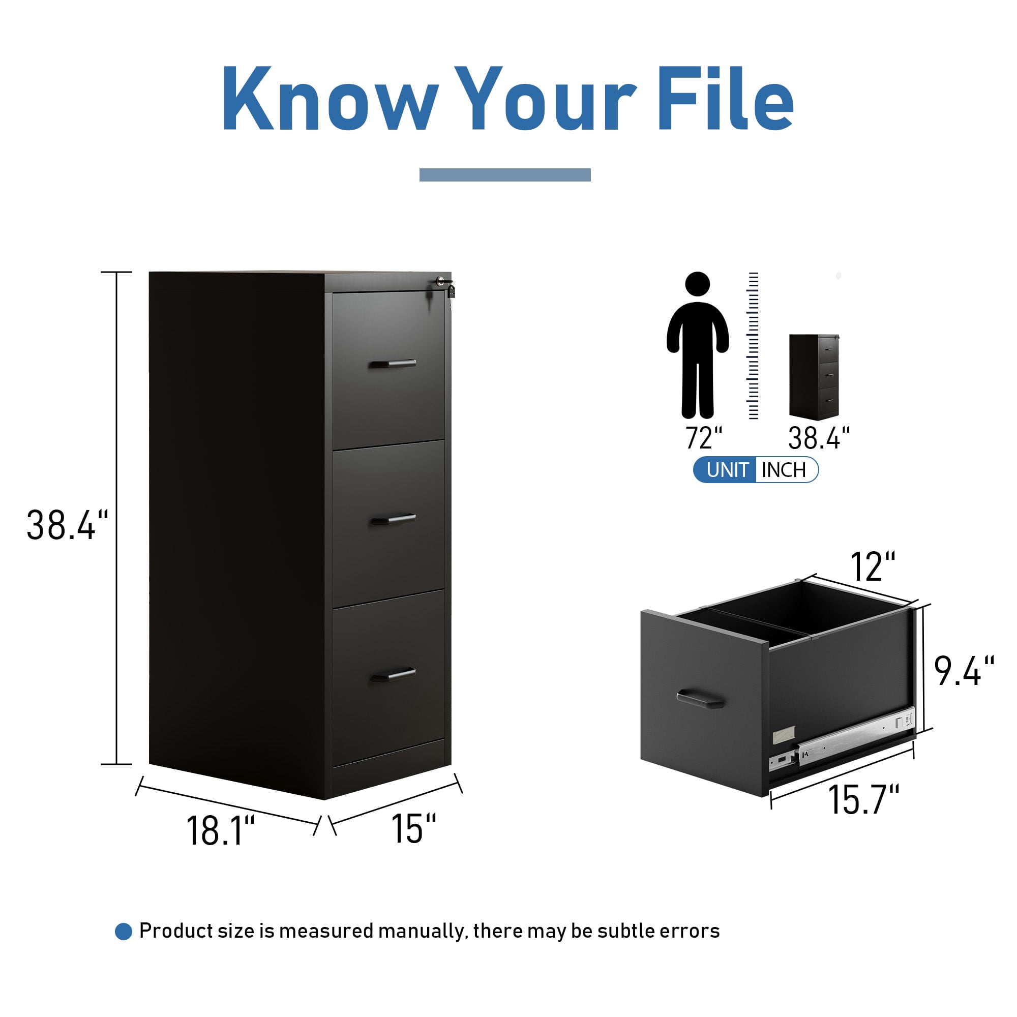 Ouyessir 15" Wide 3-Drawer Vertical Black Steel File Cabinet, Metal Filing Cabinet for Home Office