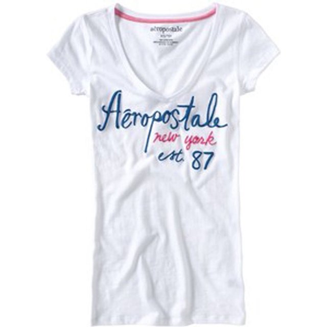 Aeropostale - Camiseta gráfica para mujer con cuello en V y manga Est 87, blanca, extra pequeña