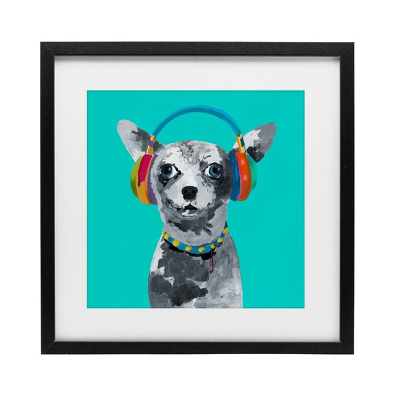 Stupell Industries Contemporary Jammin' Pup on Blue Black Framed Print Under Glass, 16 x 16, by Lorenzo Collective