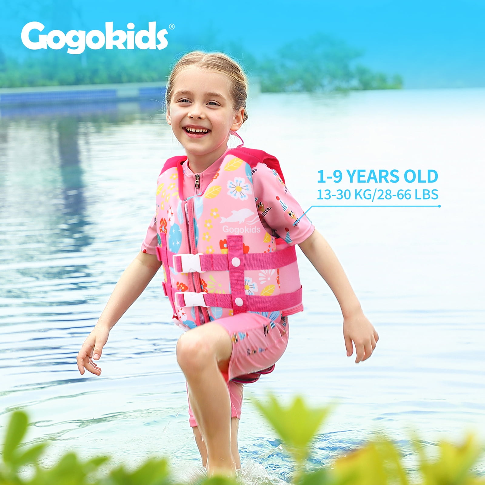 Gogokids Kids Swim Vest Life Jacket Flotation Swimming Aid with Adjustable Safety Strap,Flower Pink