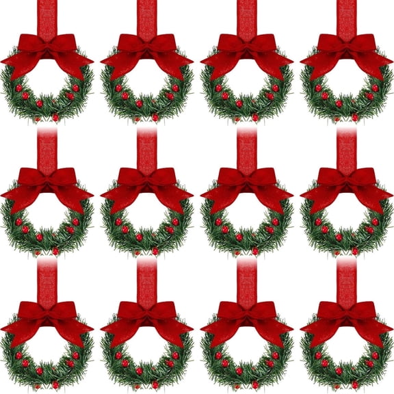 12 Pcs Christmas Kitchen Cabinet Wreaths with Ribbon 5.12 Inch Mini Christmas Wreath Small Kitchen Wreath Greenery Wreath for Window Door(Red,Classic Style)