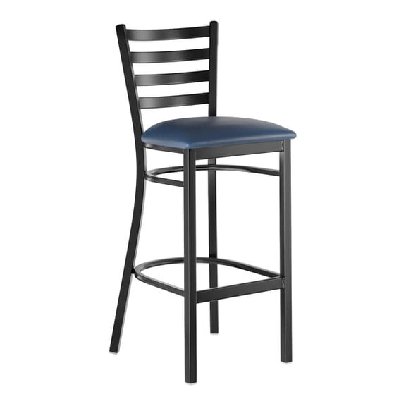 Black Ladder Back Metal Restaurant Barstool with Navy Vinyl Padded Seat - Commercial Quality Metal Restaurant Barstool
