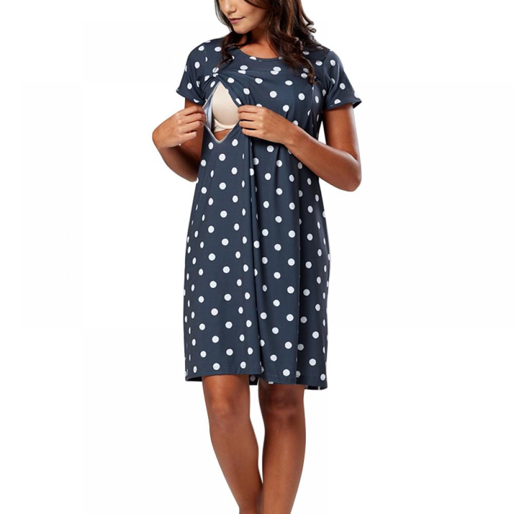 Women Short Sleeve Nightgown Polka Dot Nursing Nightgown Breastfeeding