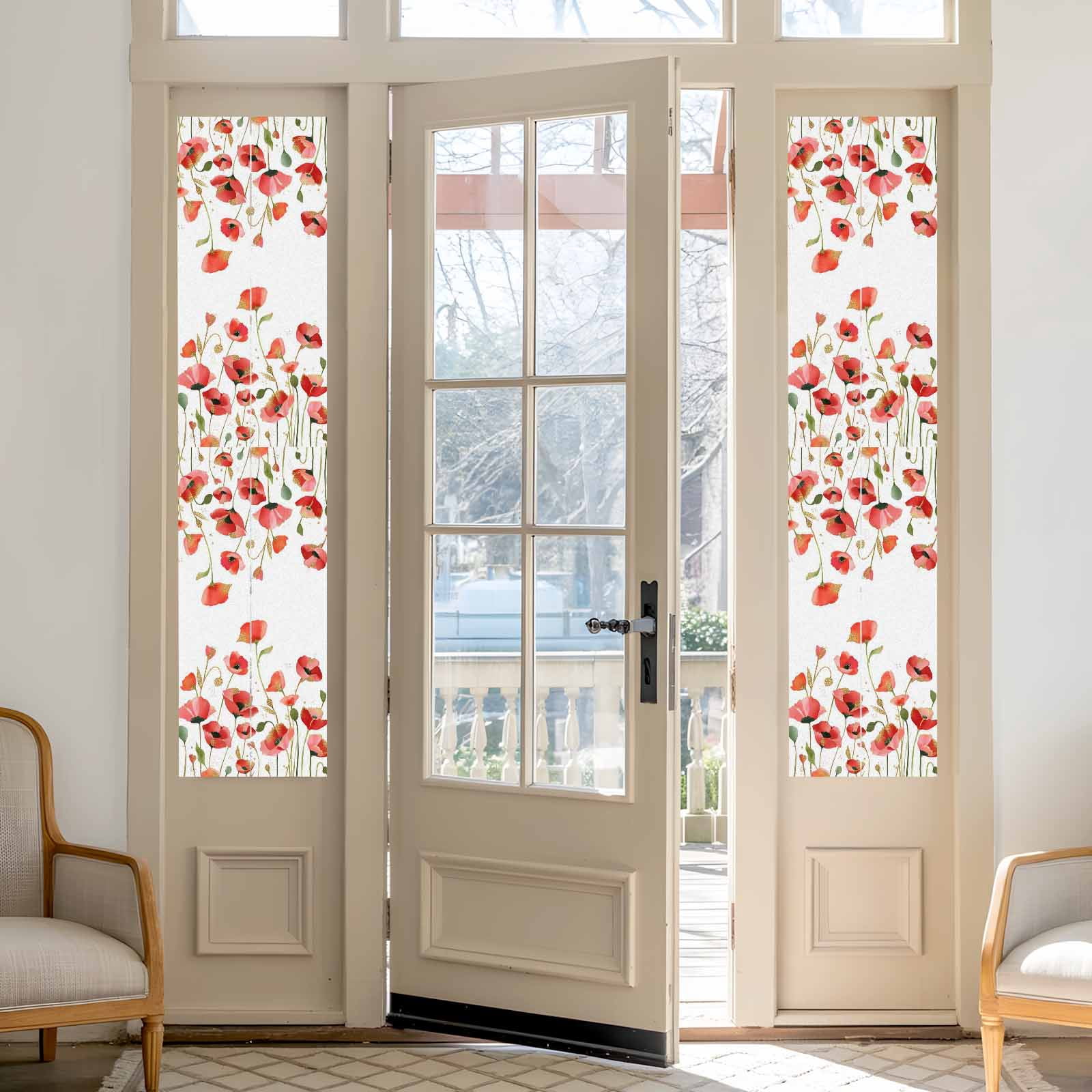Spring Floral Window Privacy Film, Watercolor Red Wildflower Rustic Farmhouse Frosted Glass Window Clings Static Cling UV Heat Blocking Reusable Door Sticker for Bathroom 29.5 x 118 Inch