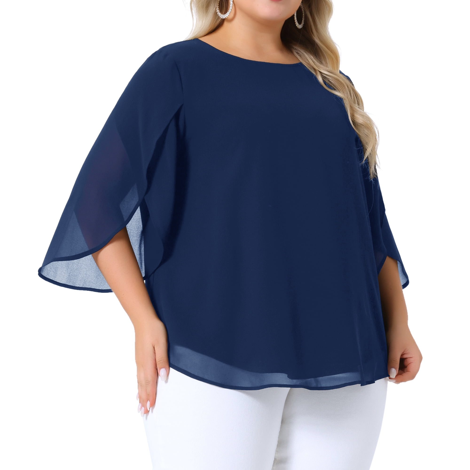 Women's Plus Blouses with Flutter Petal Half Sleeve Chiffon Top 4X Navy Blue
