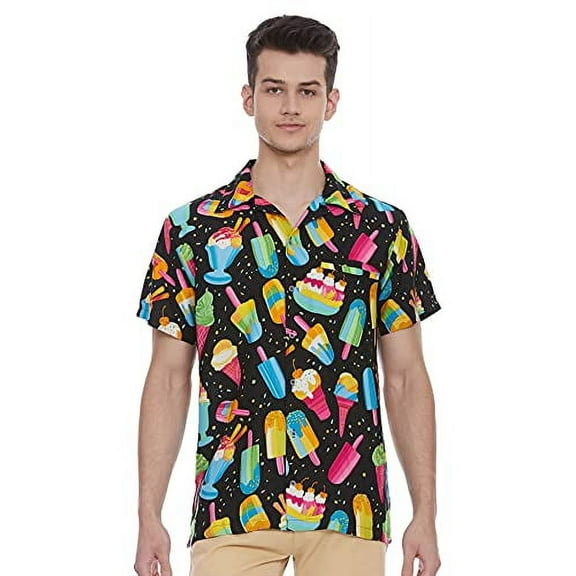 Stylore Hawaiian Shirt for Men Short-Sleeve Casual Ice-Cream Black Large