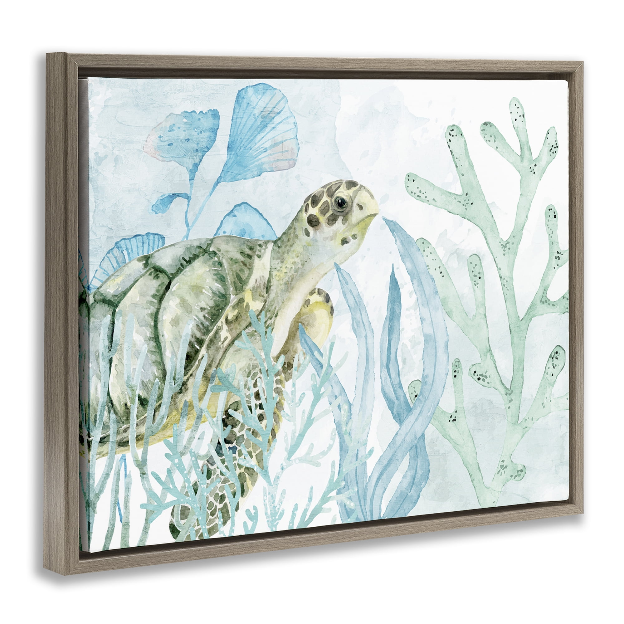 Stupell Industries Turtle in Watercolor Coral Animals Painting Brown Floater Framed Canvas Art Print Wall Art, 21 x 17