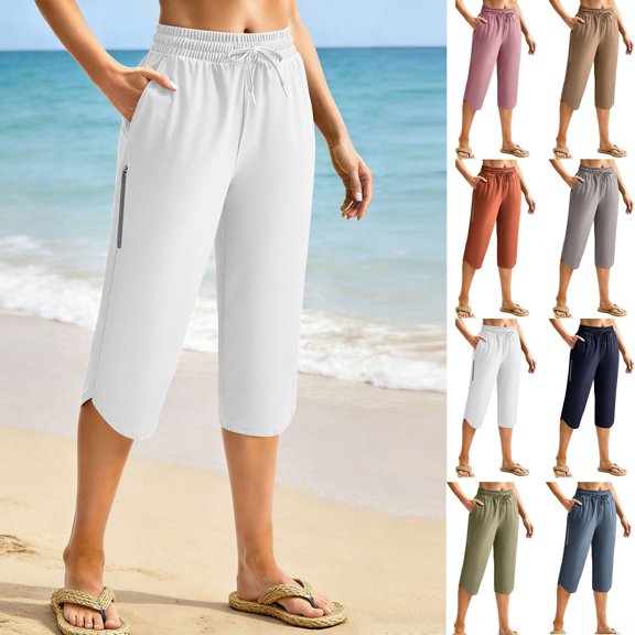Dvprdro Womens Side Slit Capri Pants with Zipper Pockets Elastic Waist Lightweight Beach Summer Pants