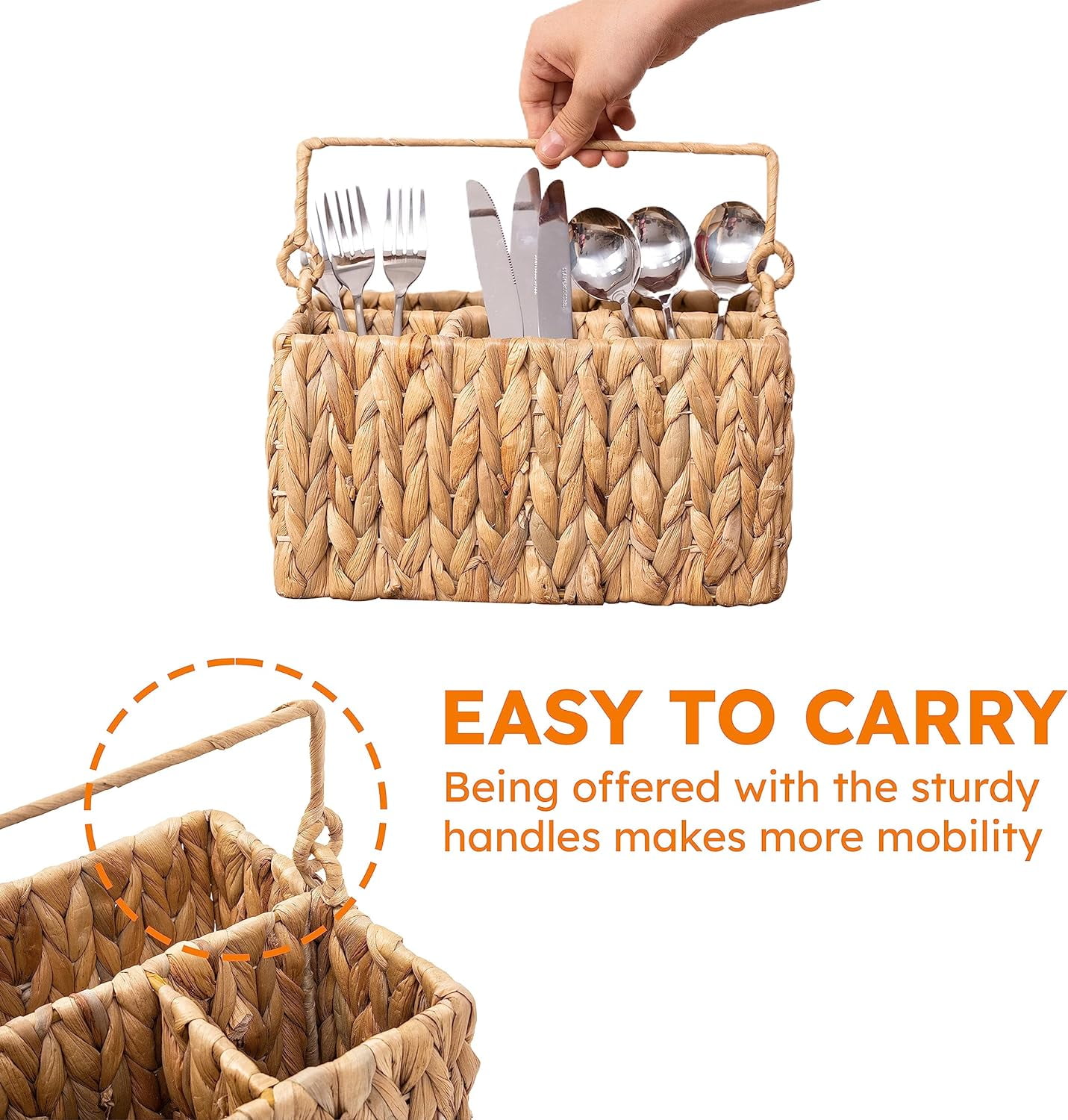 Woven Divided Cutlery Storage Organizer, Wicker Flatware Organizer,Rectangular Basket Holder for Kitchen Table, Cabinet, Pantry - Utensil Caddy for Forks, Knives, Spoons, 10 x 7.9 x 5.9 inches