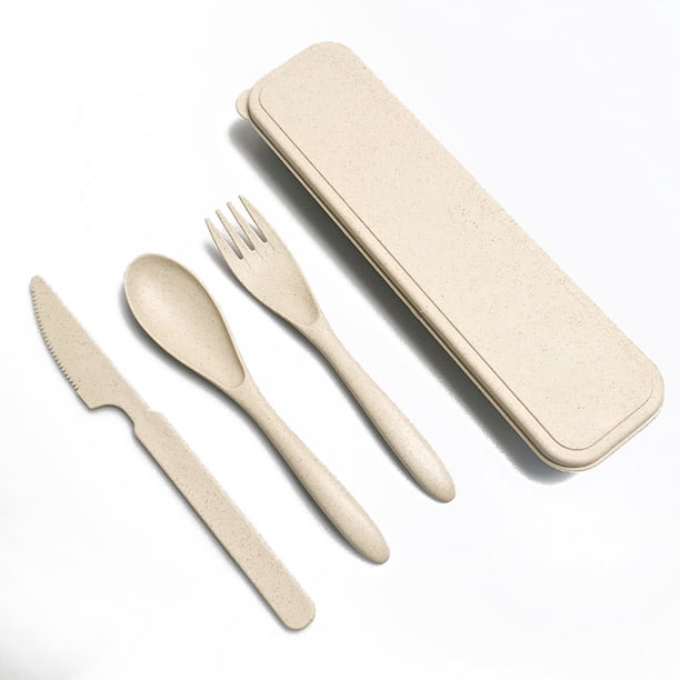 Juego de vajillas de paja de trigo Portátil Reutilizable Color sólido Kit de cubiertos interior al aire libre Camping Camping Vajilla con estuche de almacenamiento Beige Eigraketly HA028558-04