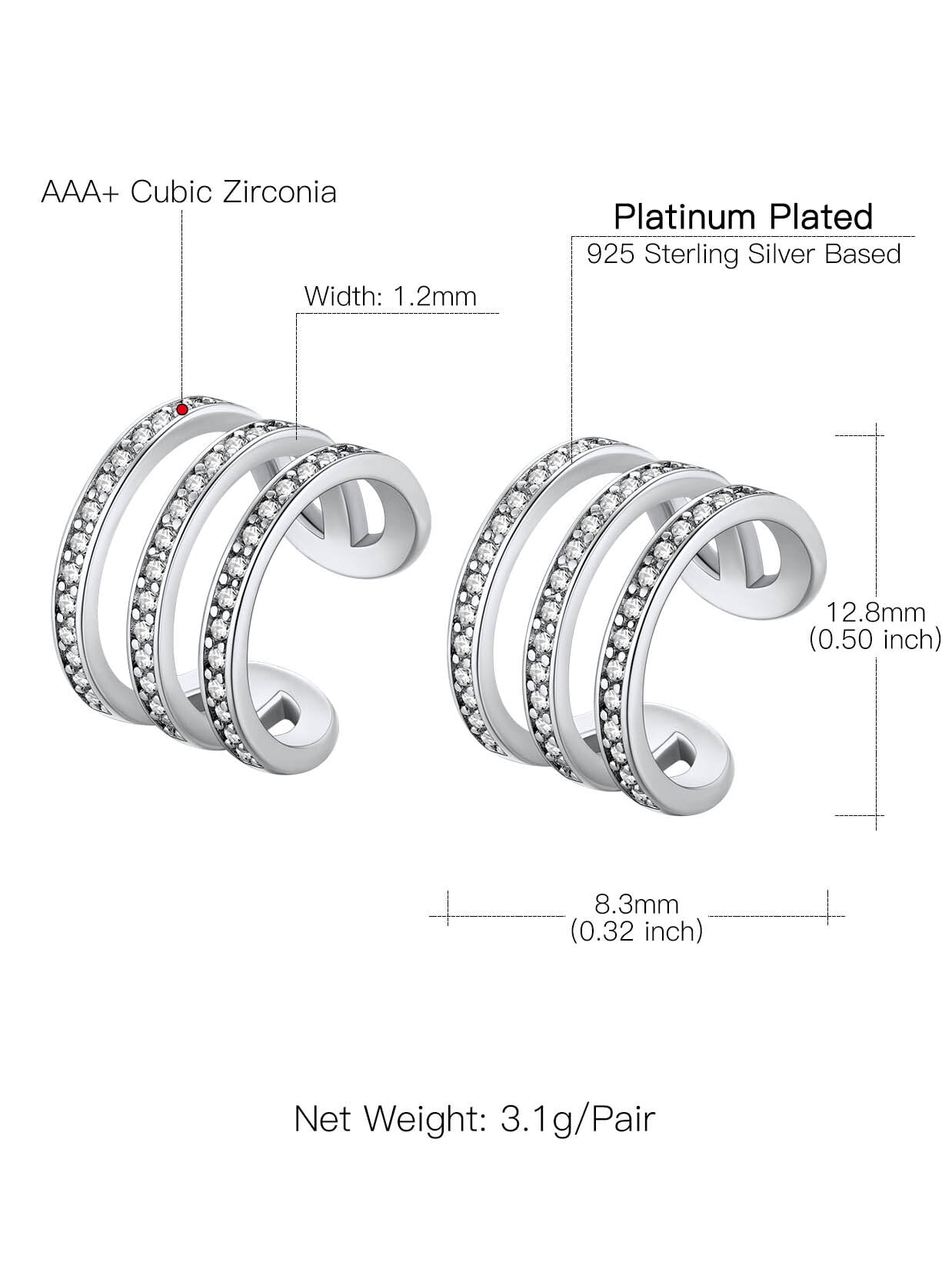 Suplight 925 Sterling Silver White Gold Plated Ear Cuffs Earrings for Women, Three Layer Zircon Earrings Clip On Cartilage Earrings