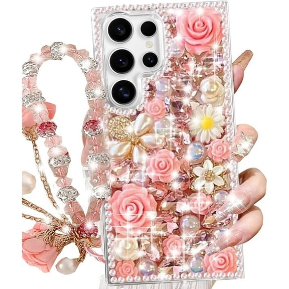 for Samsung Galaxy S25 Ultra Glitter Bling Case,Cute Luxury 3D Sparkle Crystal Rhinestones Flowers Diamond Pearl with Lanyard Wrist Strap Women Girls Case for Galaxy S25 Ultra 6.9 Inch (Pink)