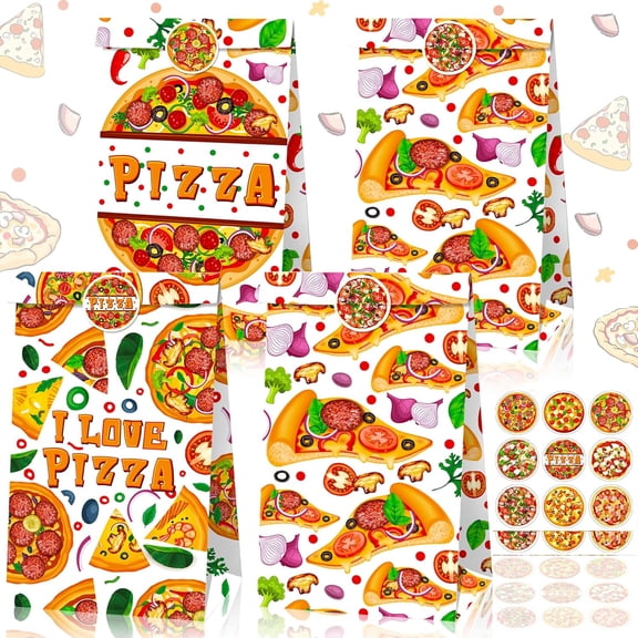 Pizza Party Gift Bag of 12 - Bright Food Elements Double-sided Design Happy Pizza Party Return Gift Packaging