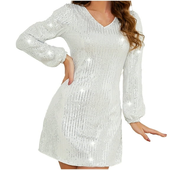 biudgviw Cocktail Dresses for Women Sequin Long Sleeve V Neck Mini Dress Fashion Party Sparkly Clubwear Dress