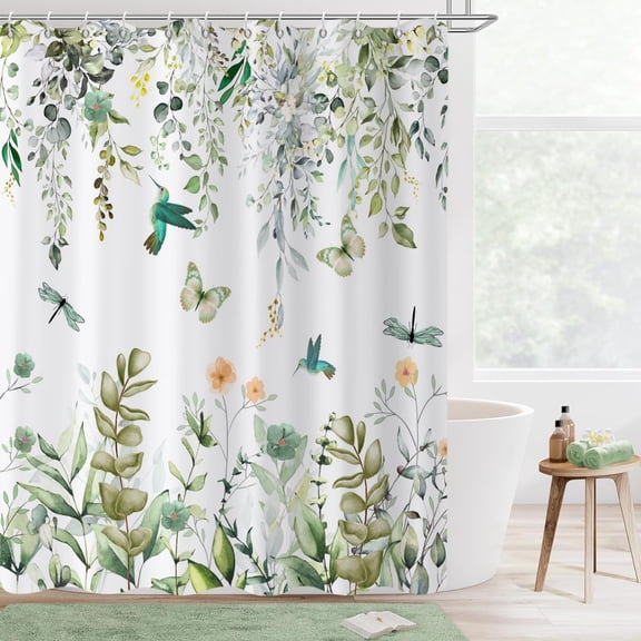 Spring Shower Curtain, Colorful Flower Hummingbirds Butterflies Green Watercolor Leaf Botanical Bathroom Curtain Waterproof Fabric Machine Washable with Hooks, 72" Wx72 L