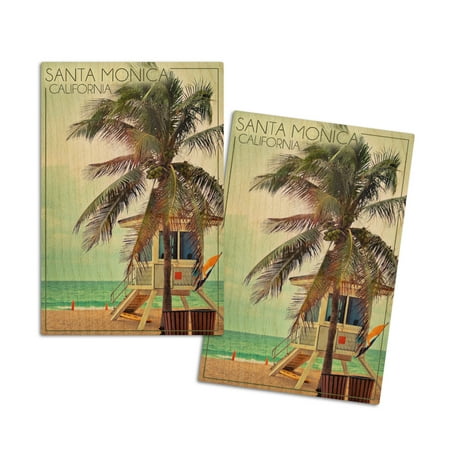 

Santa Monica California Lifeguard Shack and Palm (4x6 Birch Wood Postcards 2-Pack Stationary Rustic Home Wall Decor)