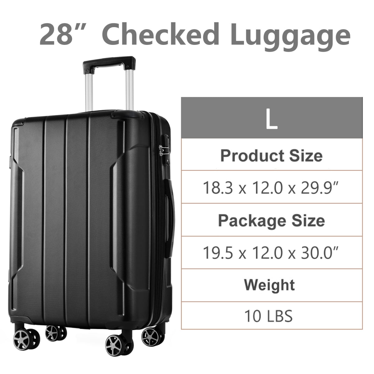 Hardshell Luggage, Lightweight Durable ABS Suitcases with Double Wheels, Expandable 28-inch Checked Luggage 28" (Black)