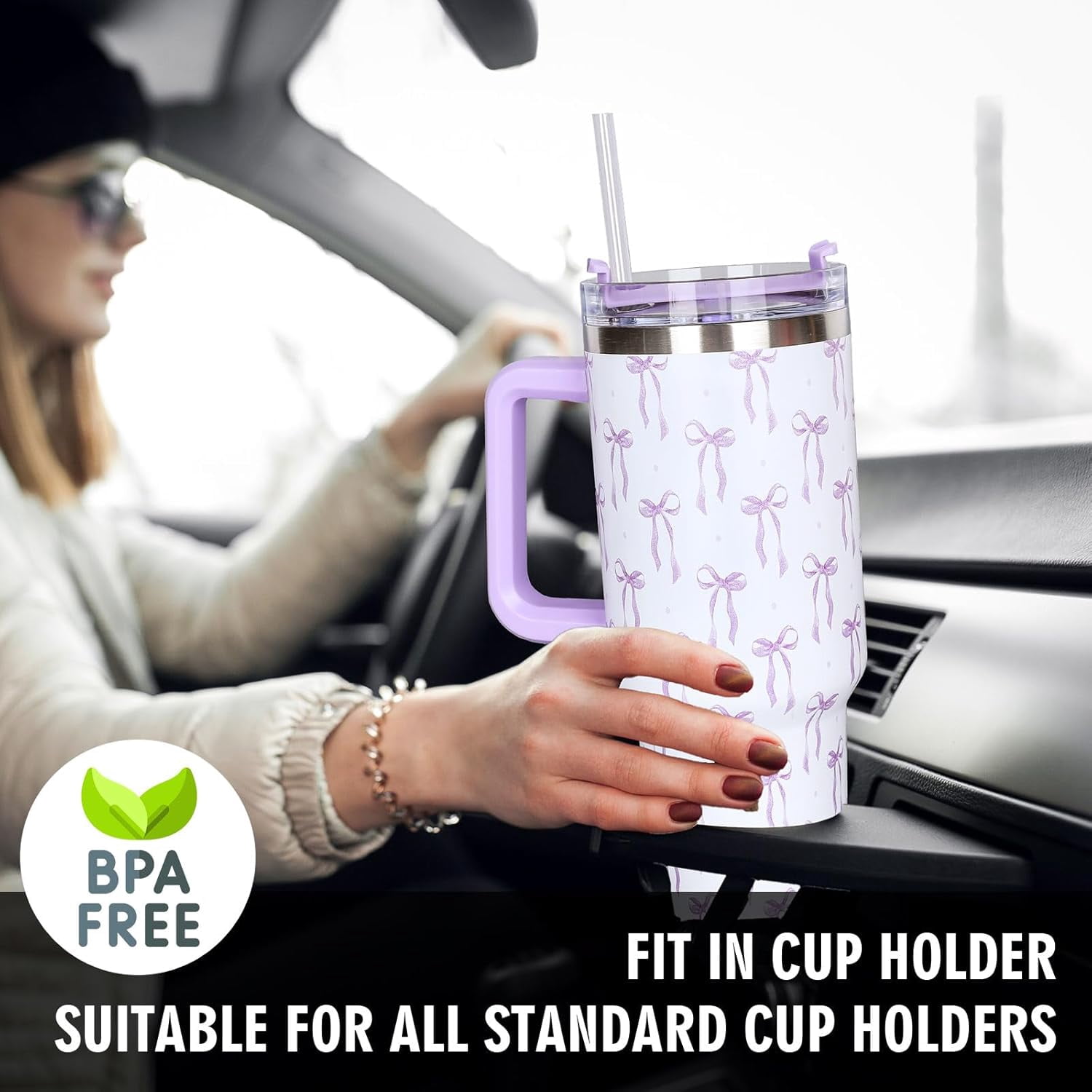 40oz Purple Bow Tumbler with Handle Straw and Lid Bow-Knot Travel Coffee Tumbler Cup for Women Friend Holiday Birthday